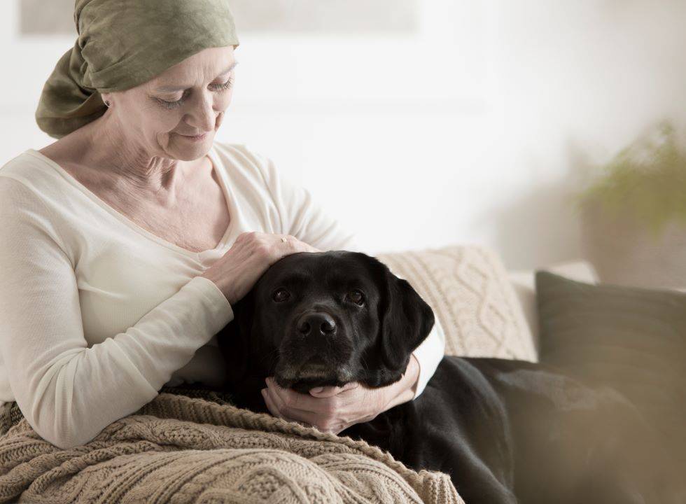 Elderly woman wearing headscarf lovingly cuddles a black Labrador while sitting on a cozy couch.