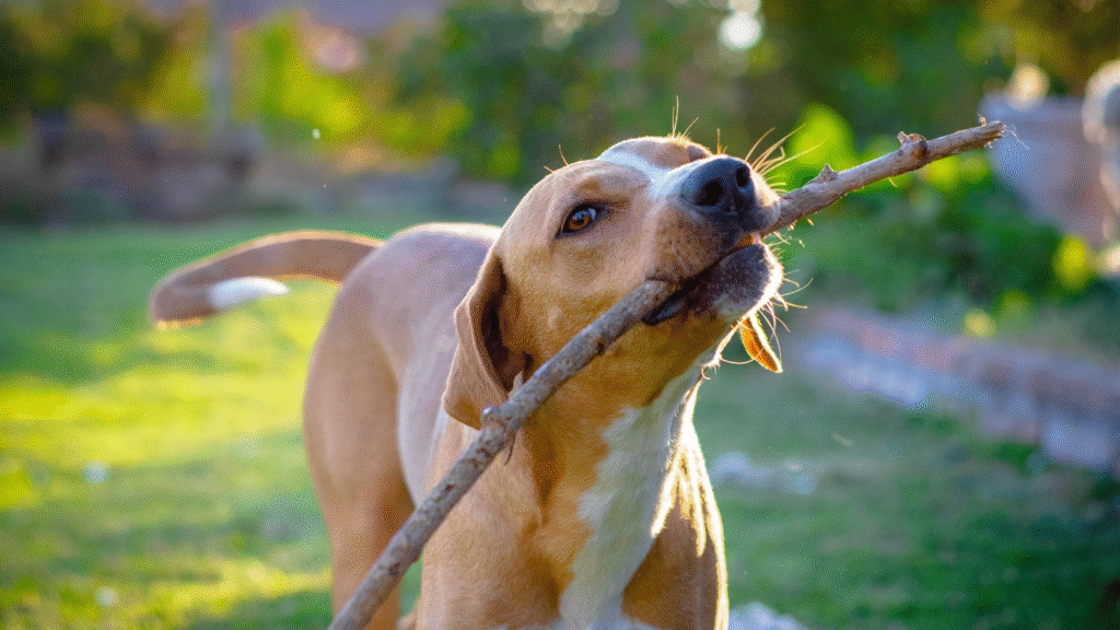Brown dog playing with a stick outdoors in sunlight.