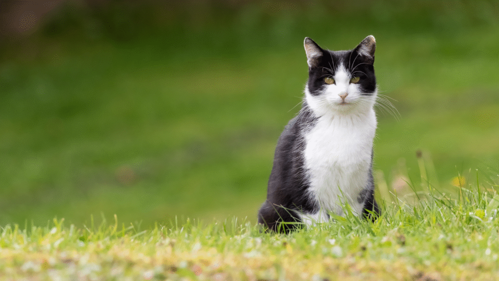 A black and white cat sitting in a grassy field.